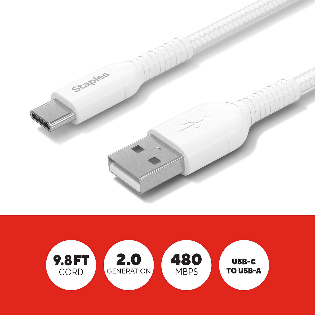 Staples® USB-C to USB-A Charging Cable, 9.8 ft., White