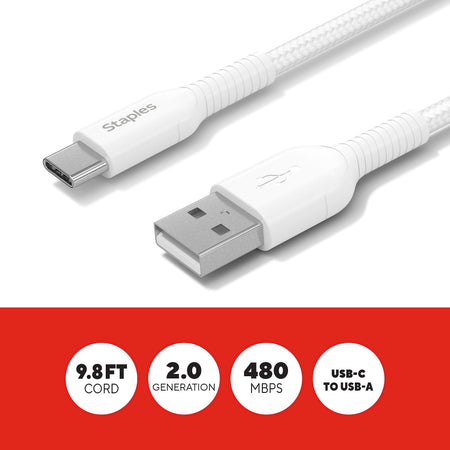 Staples® USB-C to USB-A Charging Cable, 9.8 ft., White