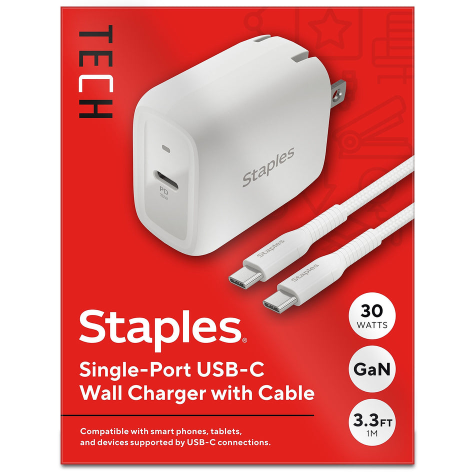 Staples® USB-C/USB-A Wall Charger, White