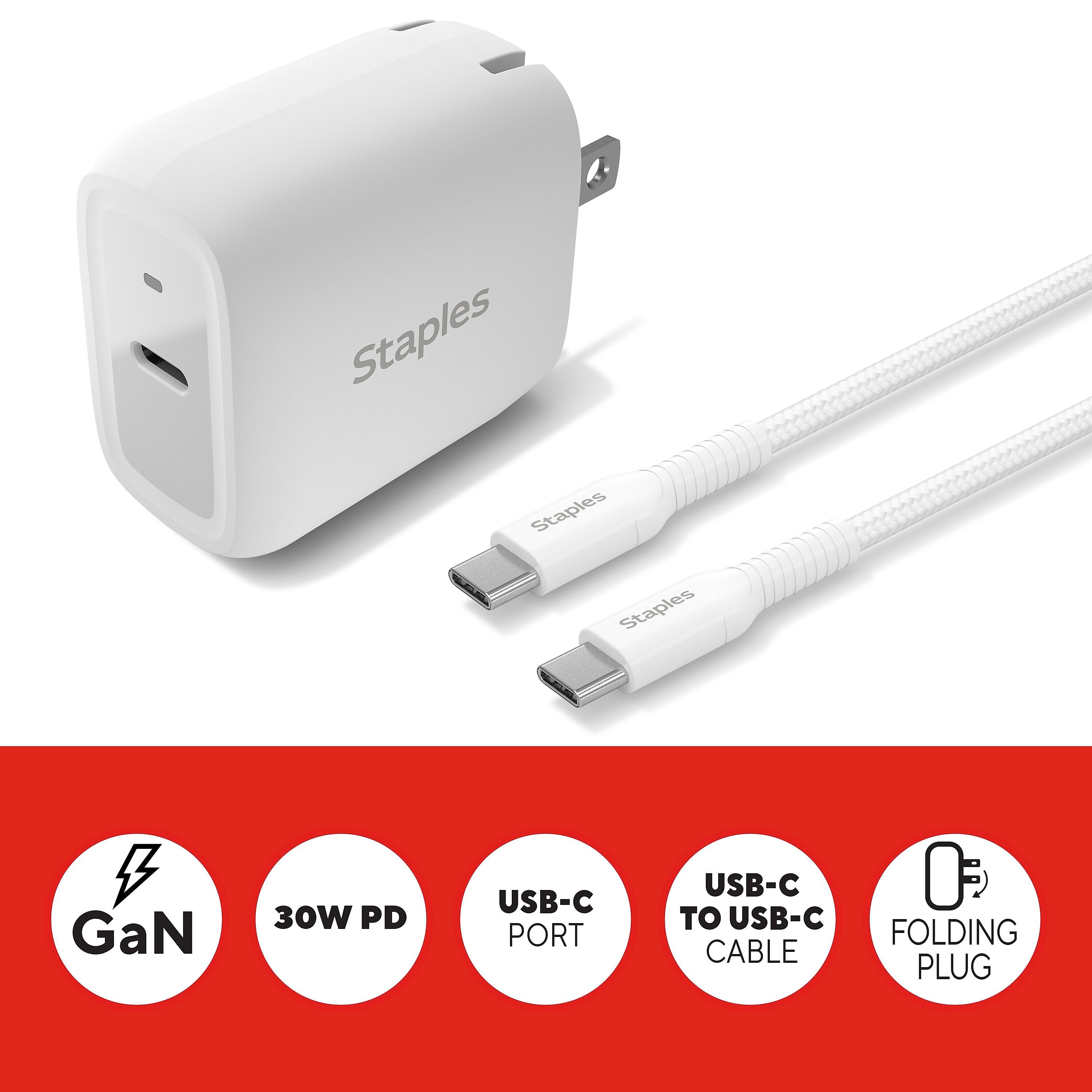 Staples® USB-C/USB-A Wall Charger, White