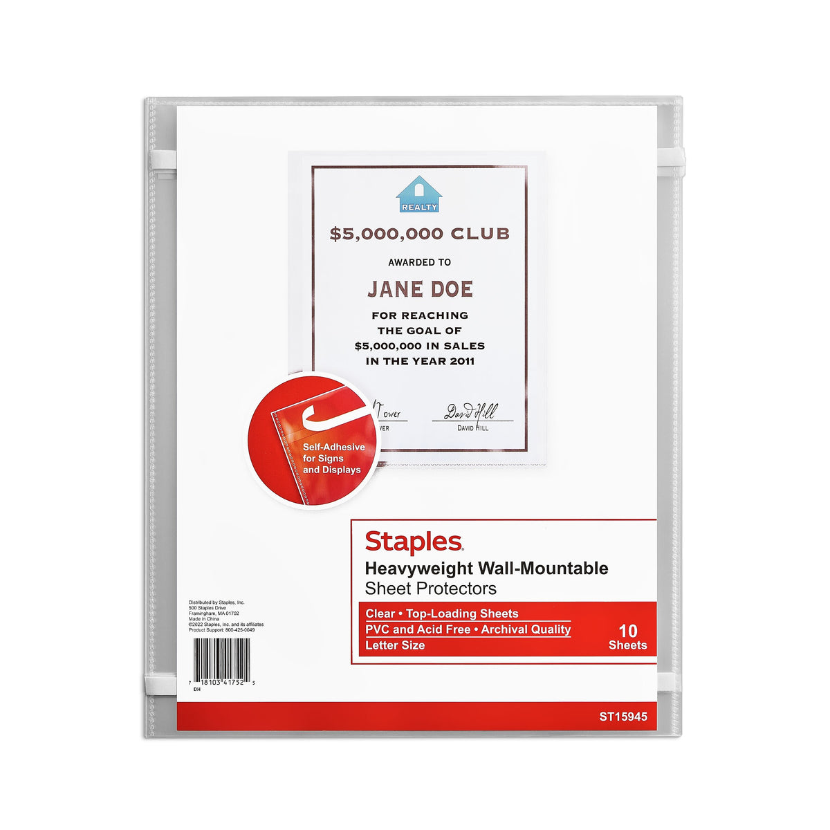 Staples Wall-Mountable Heavyweight Sheet Protector, 8.5" x 11", Diamond Clear, 10/Pack