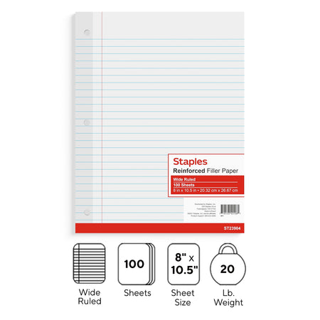 Staples Wide Ruled Filler Paper, 8" x 10.5", White, 100 Sheets/Pack