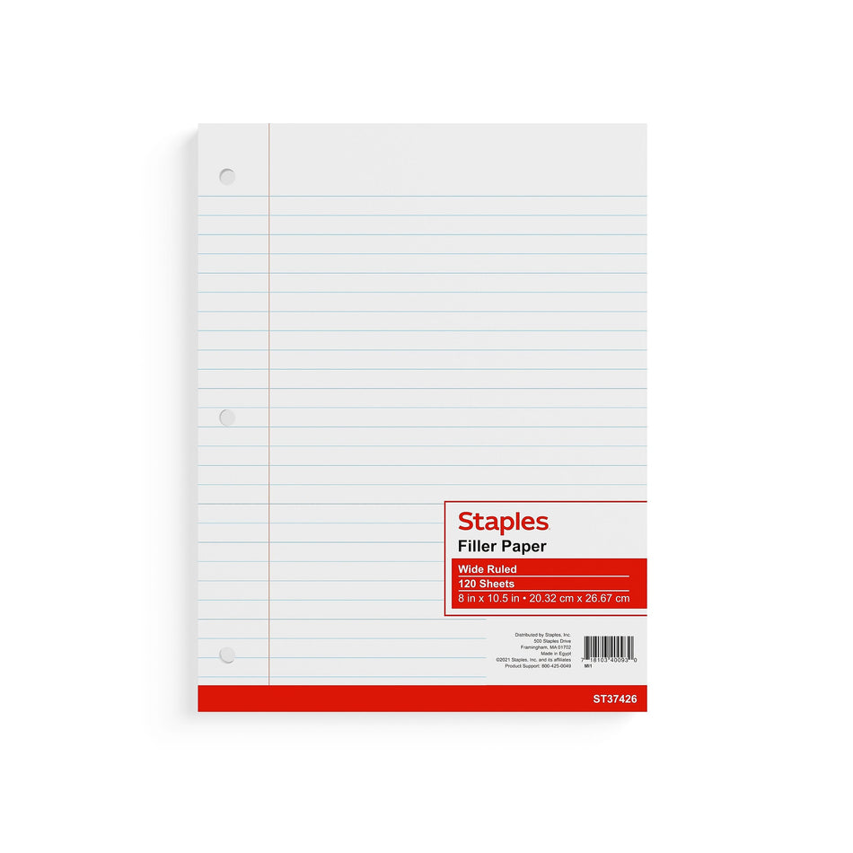 Staples® Wide Ruled Filler Paper, 8" x 10.5", White, 120 Sheets/Pack