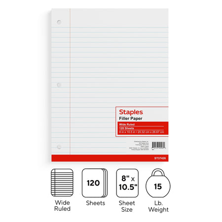 Staples® Wide Ruled Filler Paper, 8" x 10.5", White, 120 Sheets/Pack
