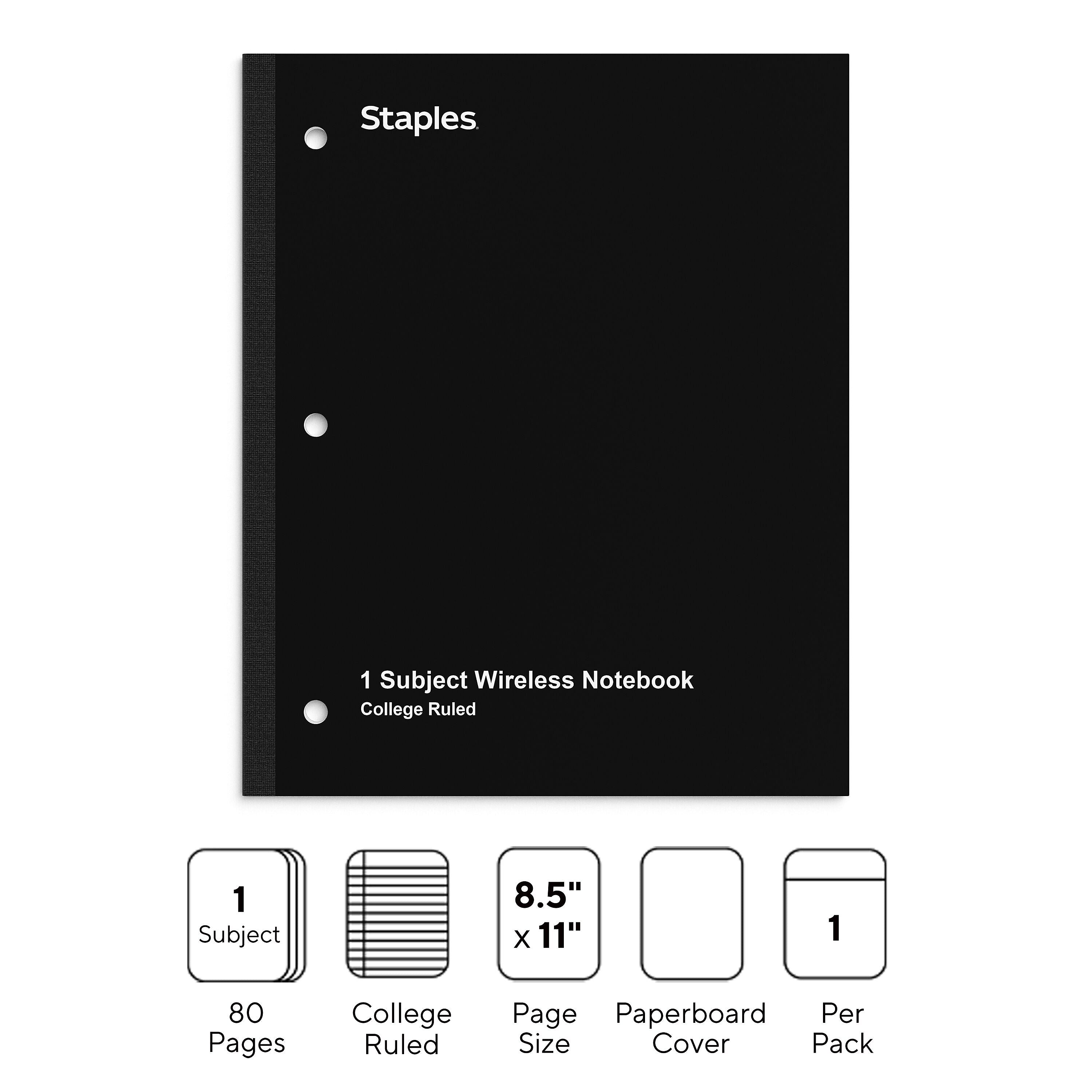 Staples Wireless 1-Subject Notebook, 8.5" x 11", College Ruled, 80 Sheets, Black