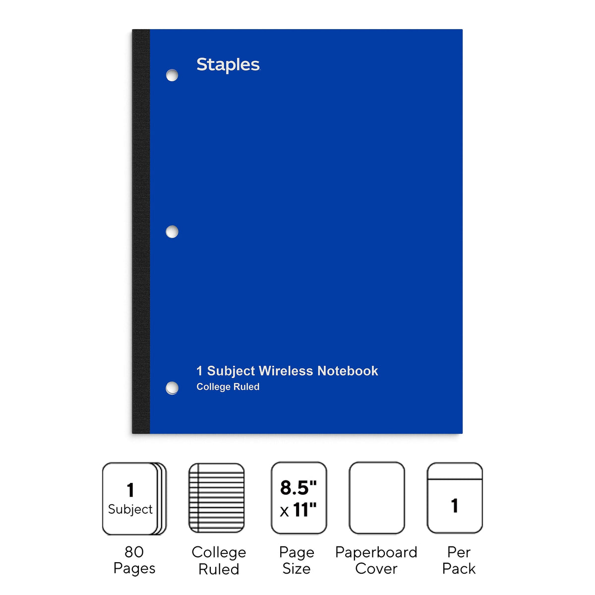 Staples Wireless 1-Subject Notebook, 8.5" x 11", College Ruled, 80 Sheets, Blue