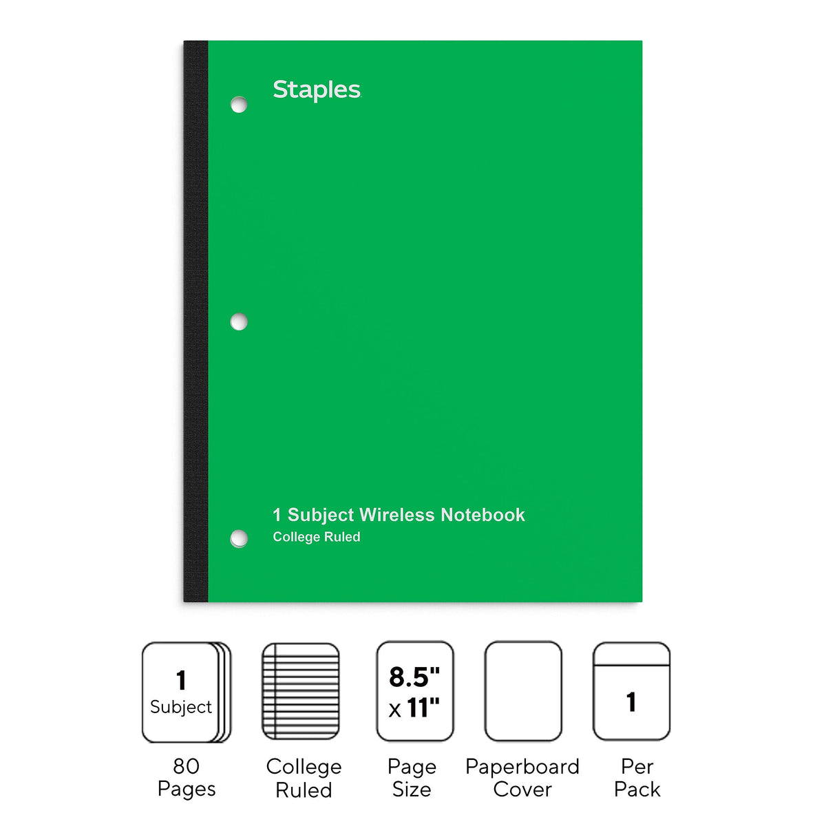 Staples Wireless 1-Subject Notebook, 8.5" x 11", College Ruled, 80 Sheets, Green