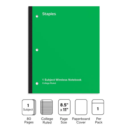 Staples Wireless 1-Subject Notebook, 8.5" x 11", College Ruled, 80 Sheets, Green