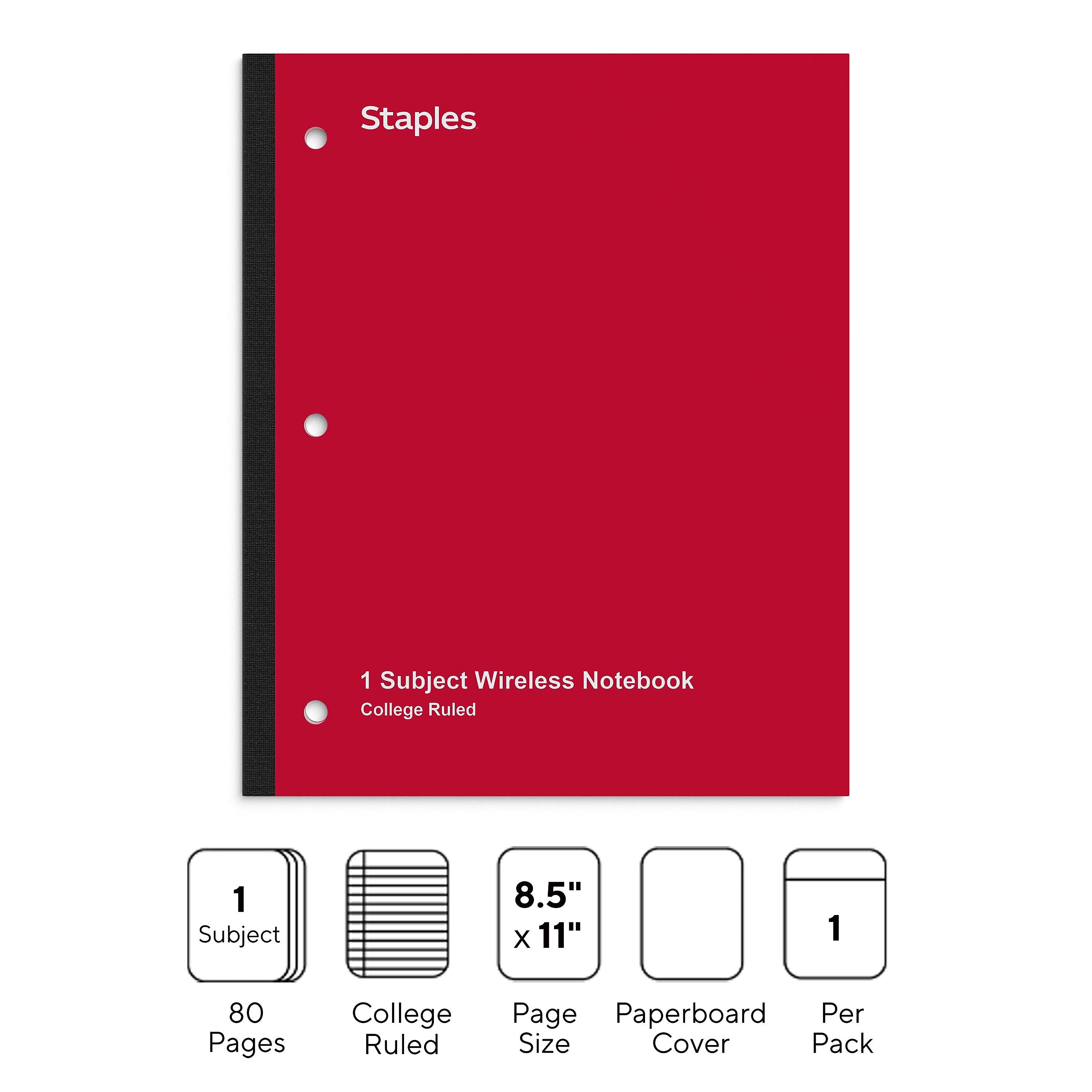 Staples Wireless 1-Subject Notebook, 8.5" x 11", College Ruled, 80 Sheets, Red