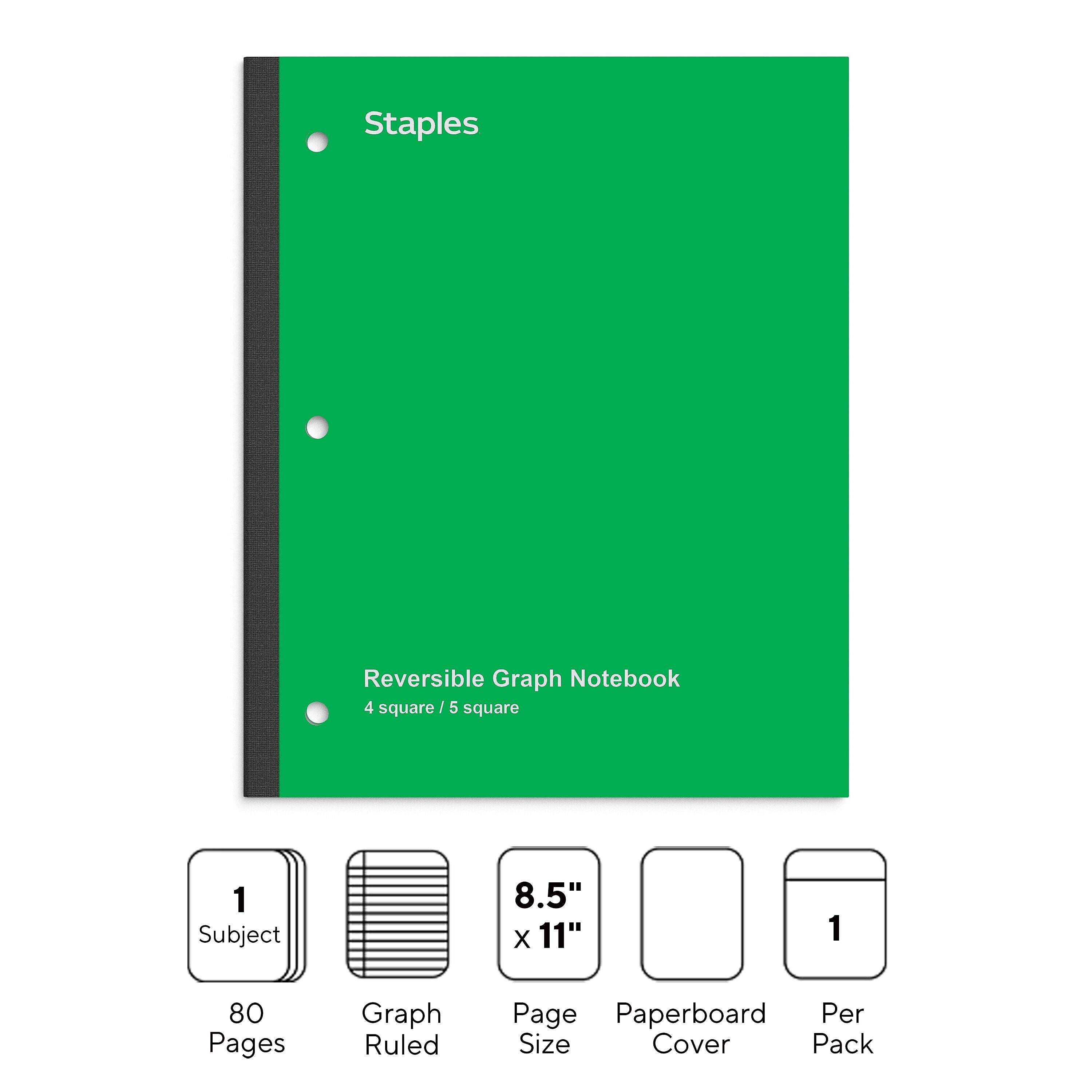 Staples Wireless 1-Subject Notebook, 8.5" x 11", Graph Ruled, 80 Sheets, Green