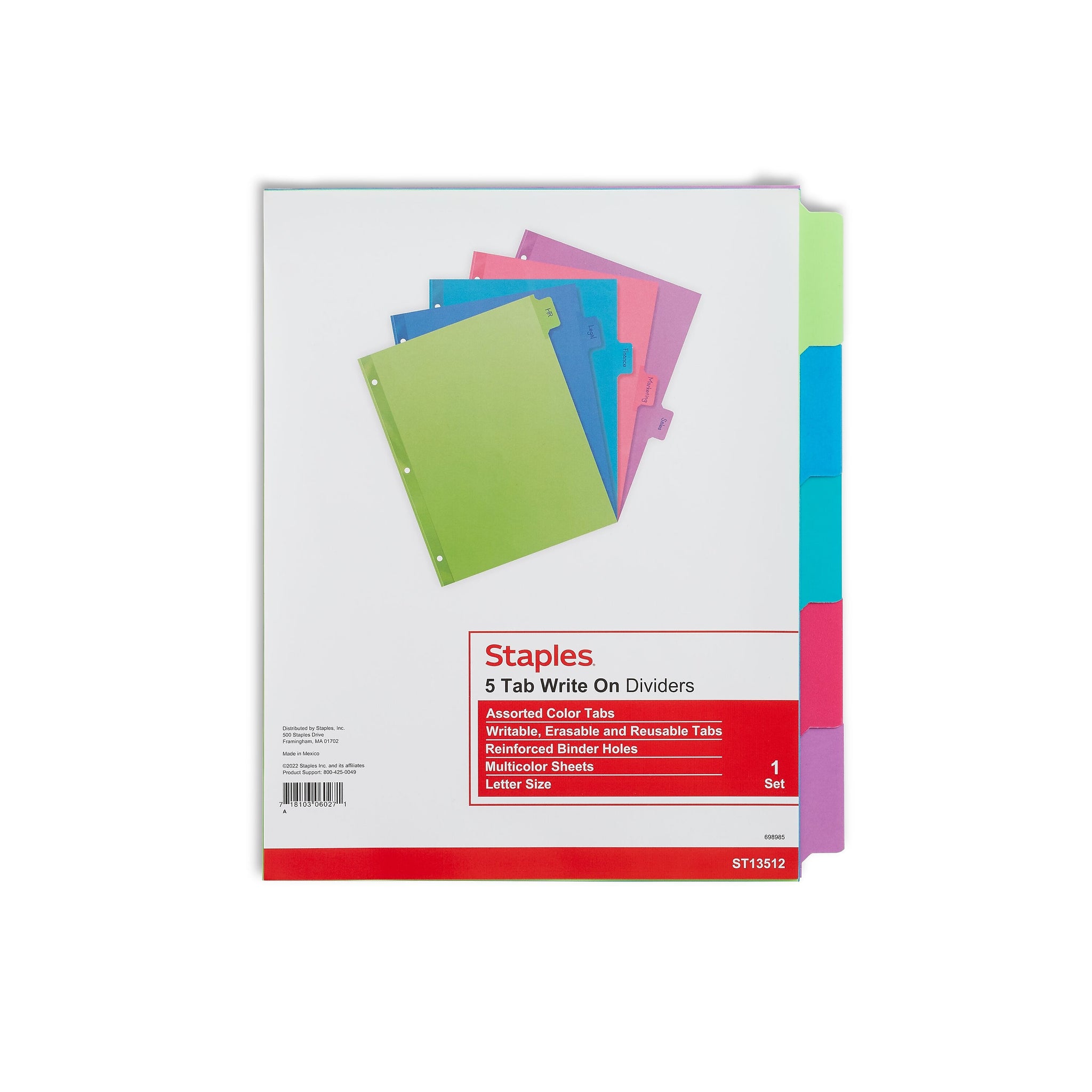 Staples Write-On Dividers, 5-Tab, Assorted Colors