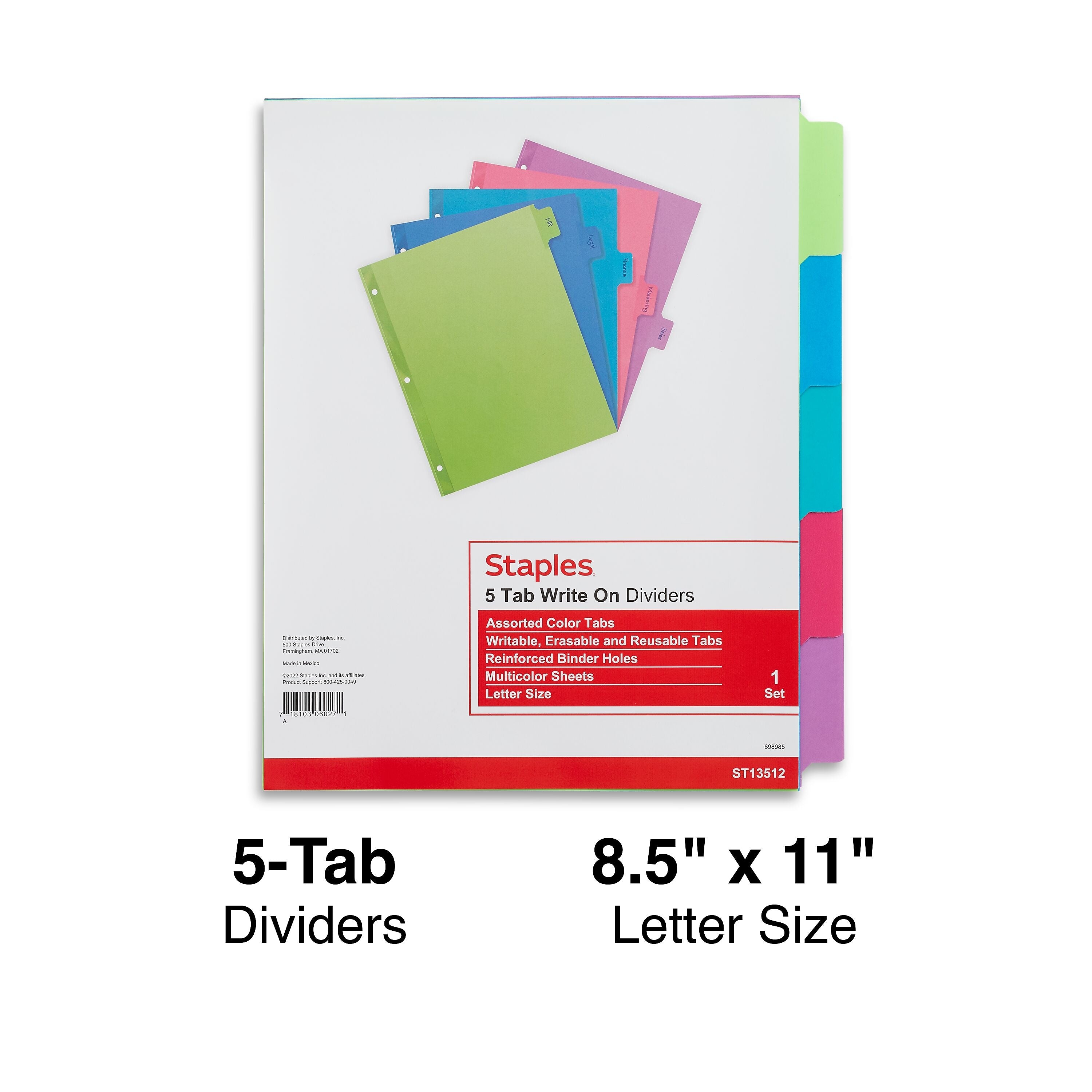 Staples Write-On Dividers, 5-Tab, Assorted Colors