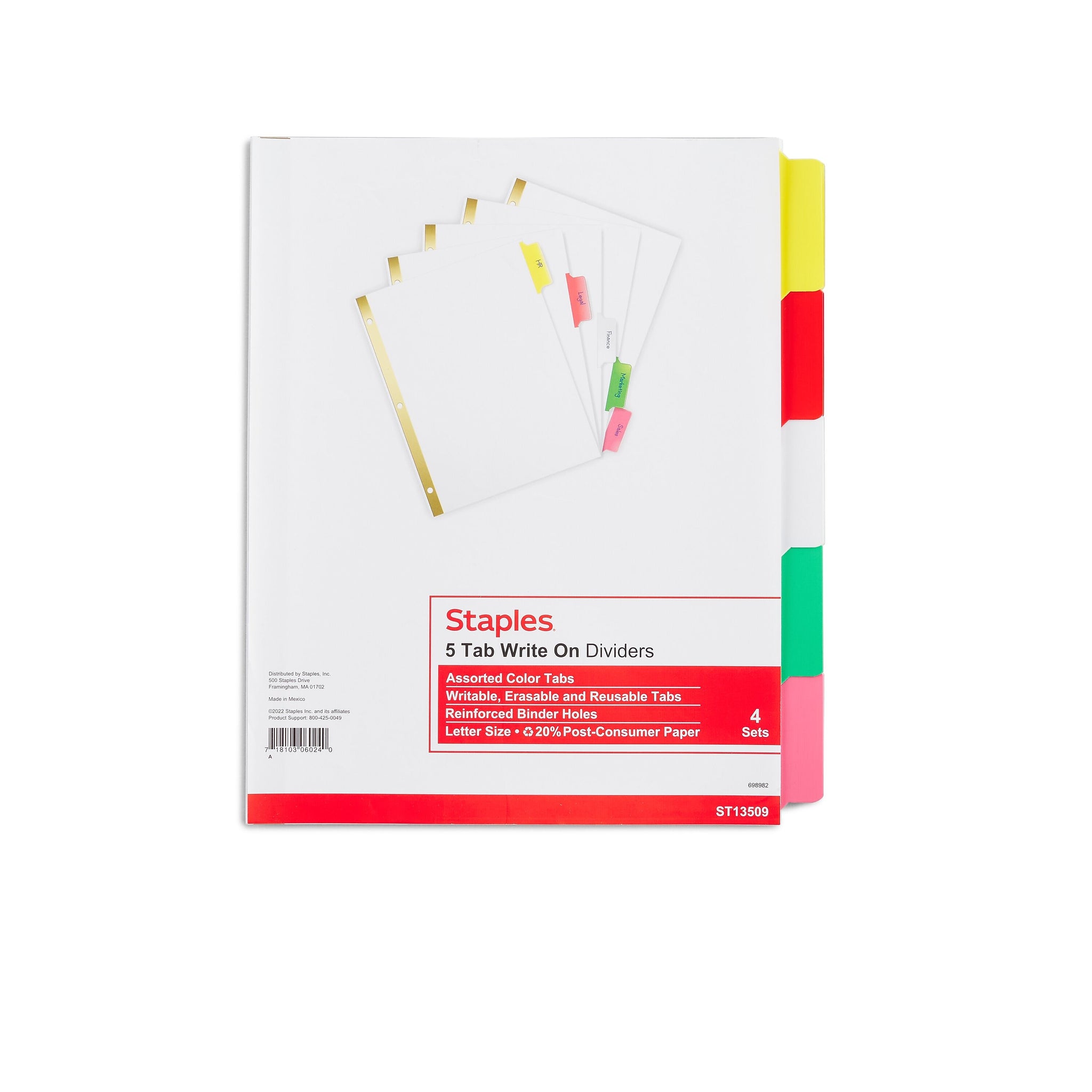 Staples Write-On Dividers, 5-Tab, Assorted Colors, 4/Pack