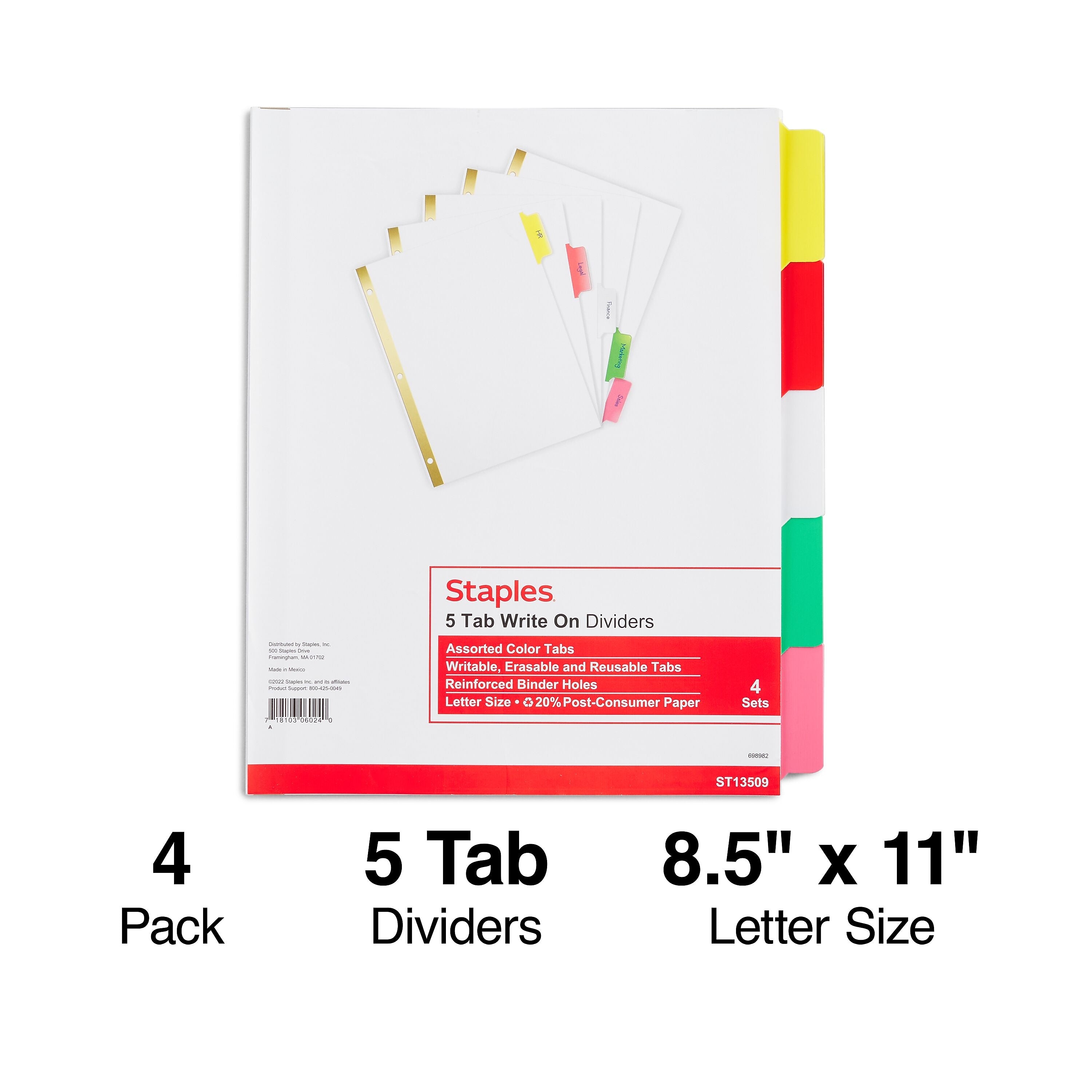 Staples Write-On Dividers, 5-Tab, Assorted Colors, 4/Pack