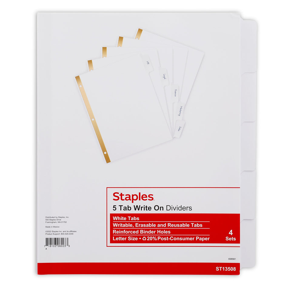 Staples Write-On Dividers, 5-Tab, White, 4/Pack