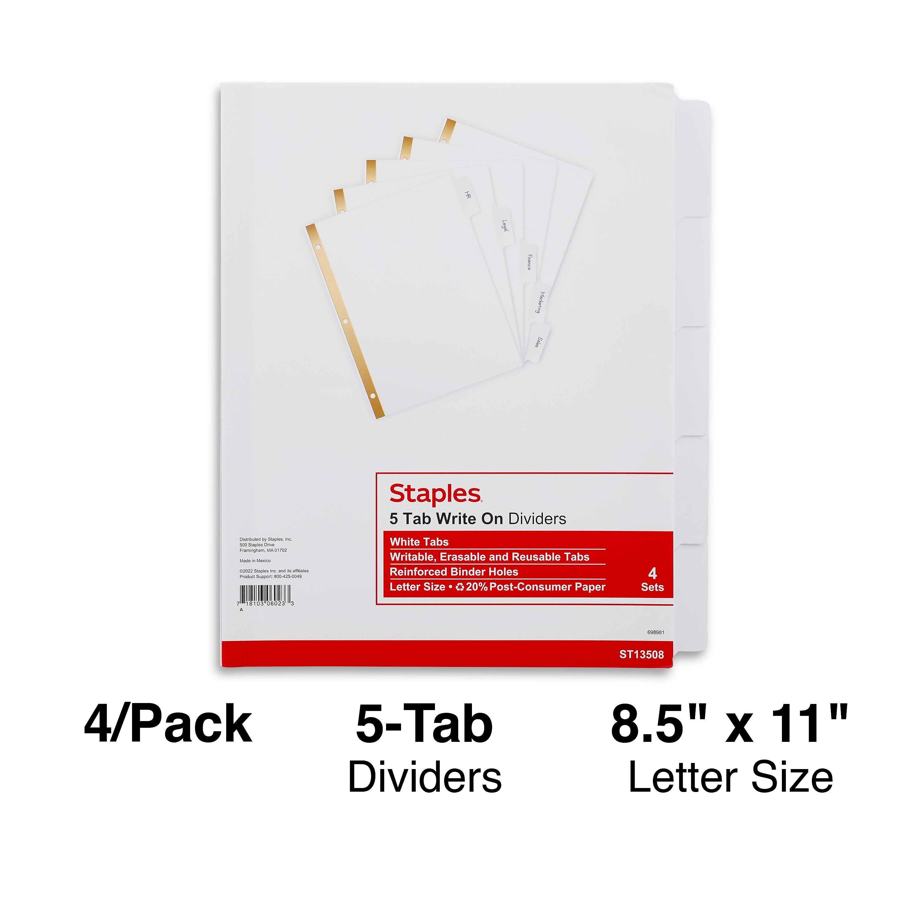 Staples Write-On Dividers, 5-Tab, White, 4/Pack