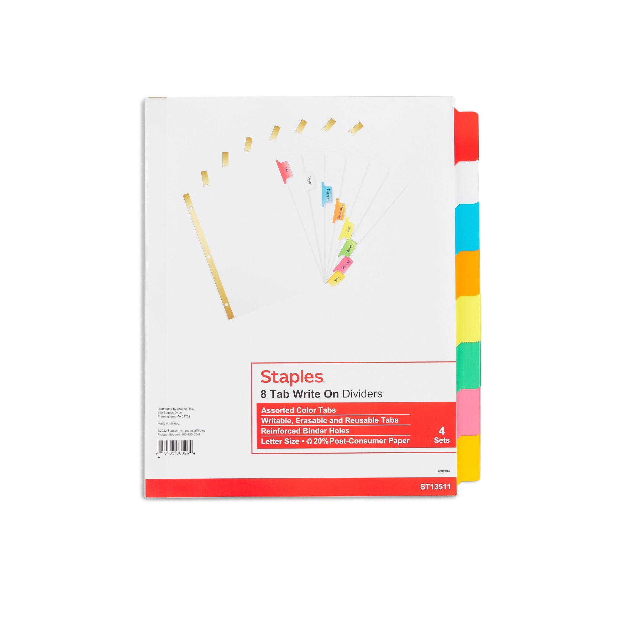 Staples Write-On Dividers, 8-Tab, Assorted Color s, 4/Pack