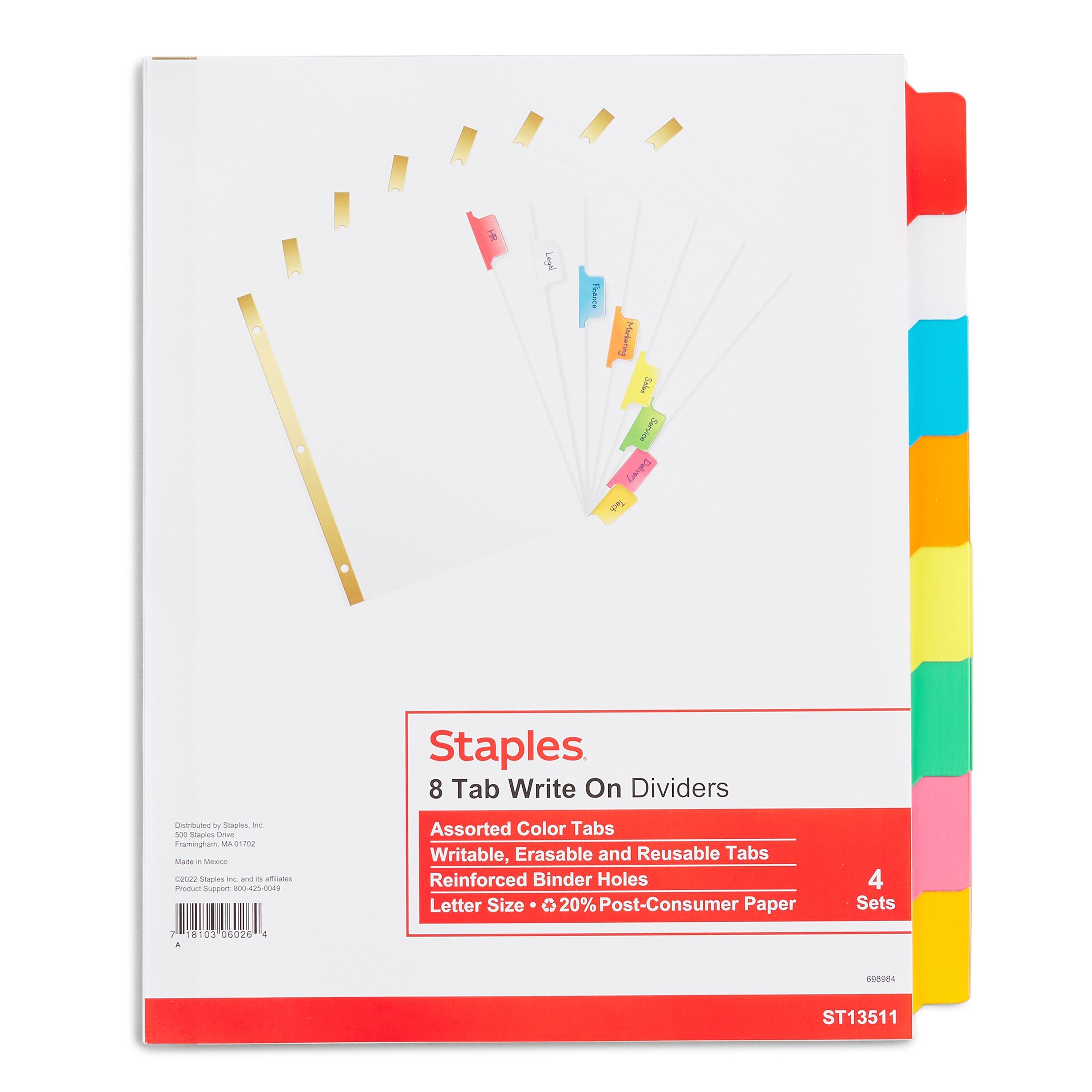Staples Write-On Dividers, 8-Tab, Assorted Color s, 4/Pack