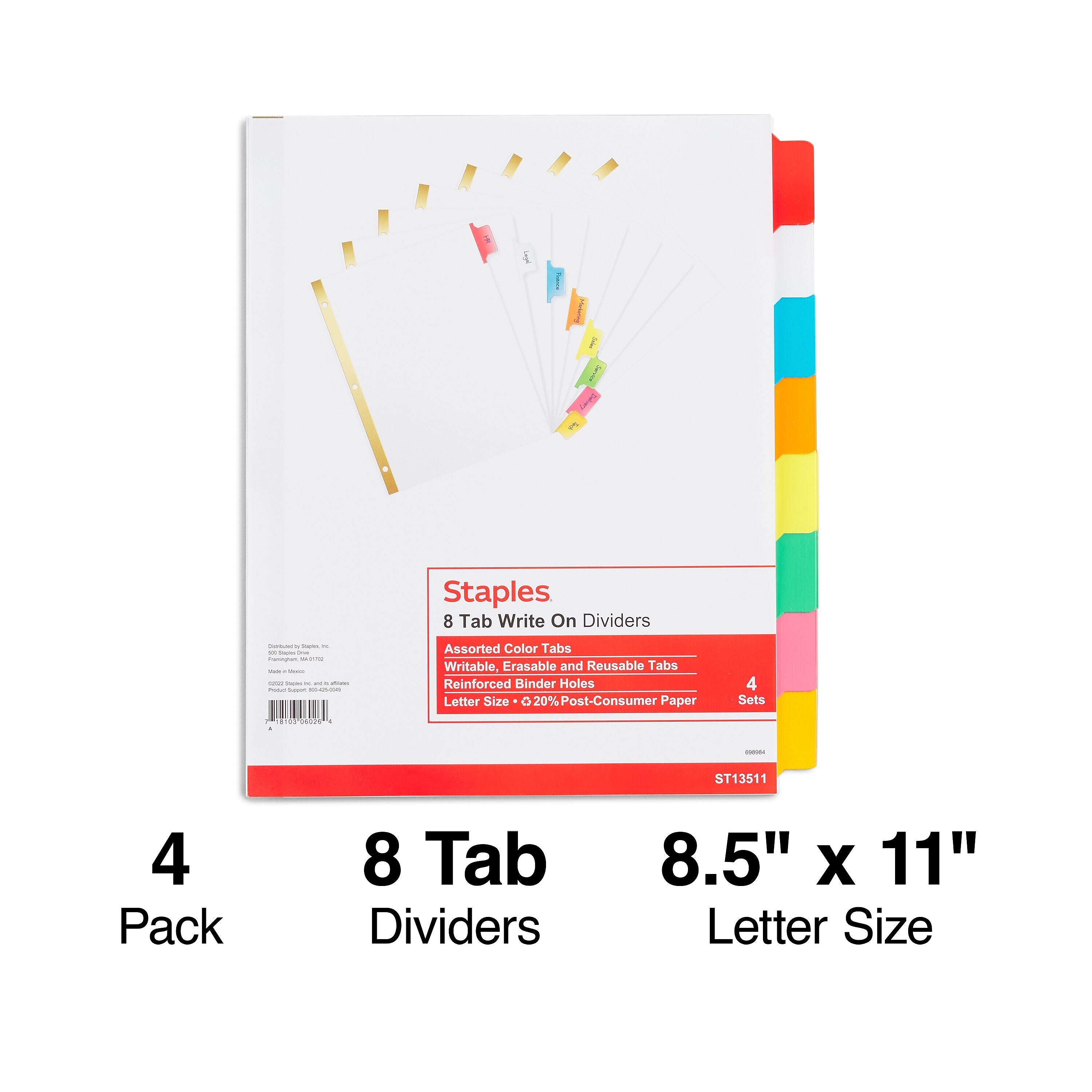 Staples Write-On Dividers, 8-Tab, Assorted Color s, 4/Pack