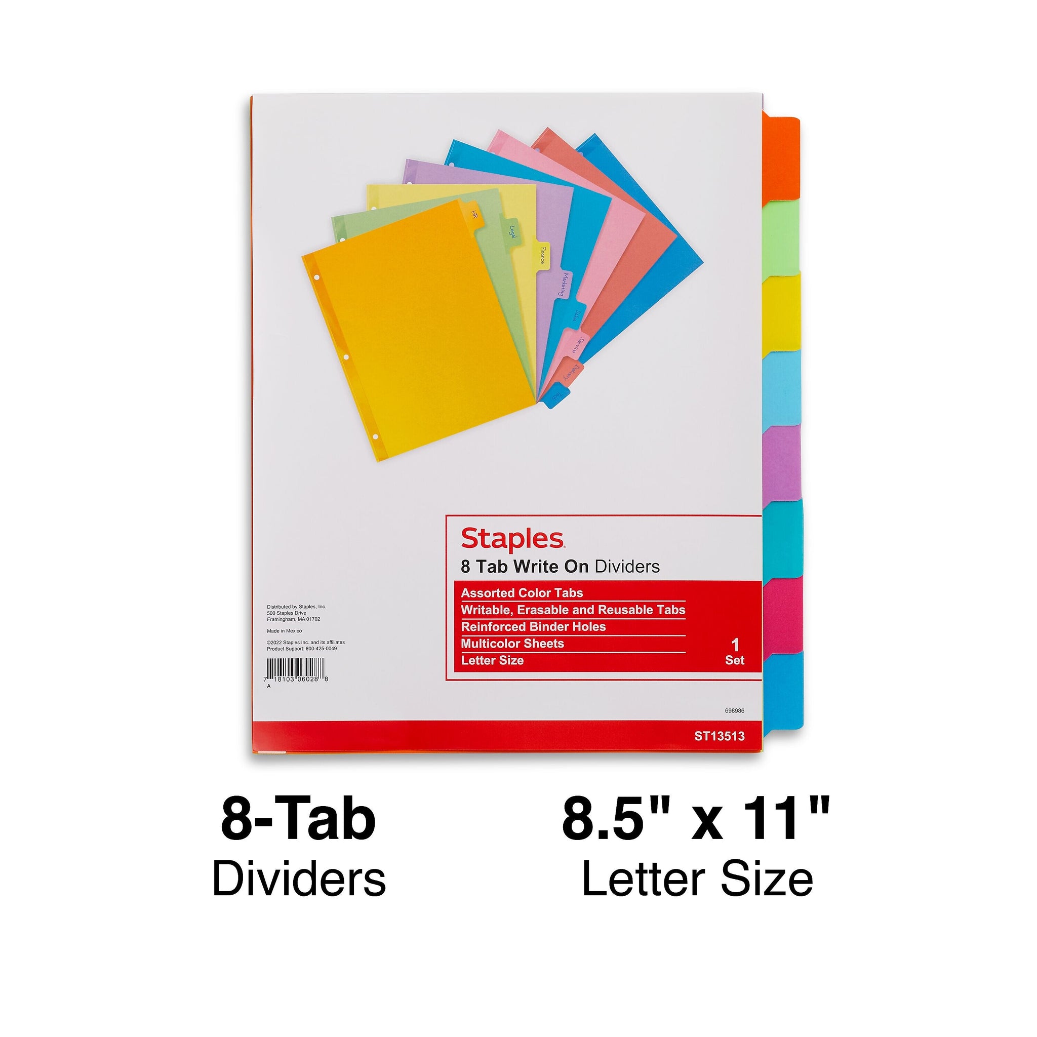 Staples Write-On Dividers, 8-Tab, Assorted Colors