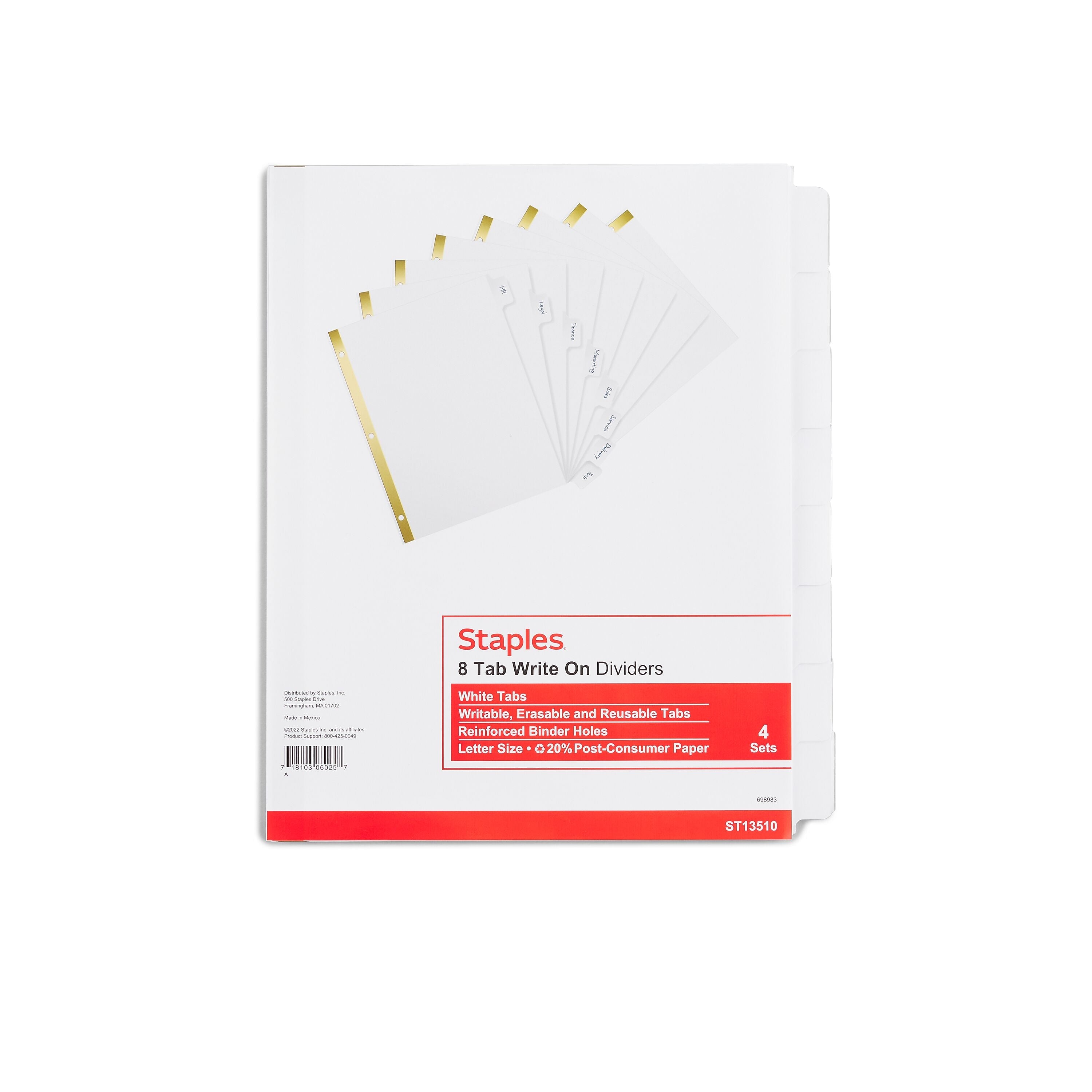 Staples Write On-Dividers, 8-Tab, White, 4/Pack