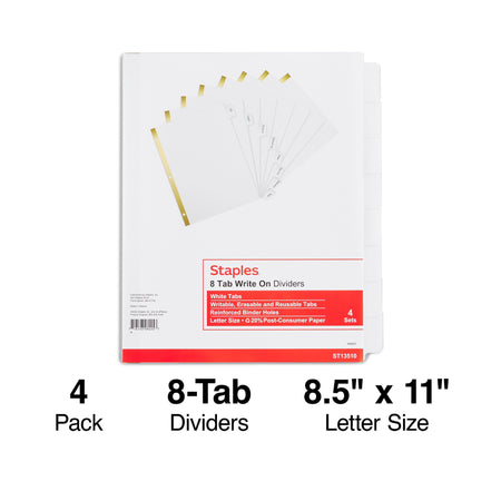 Staples Write On-Dividers, 8-Tab, White, 4/Pack