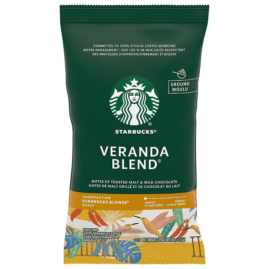 Starbucks Veranda Blend Ground Coffee, Blonde Roast, 2.5 oz., 18/Box