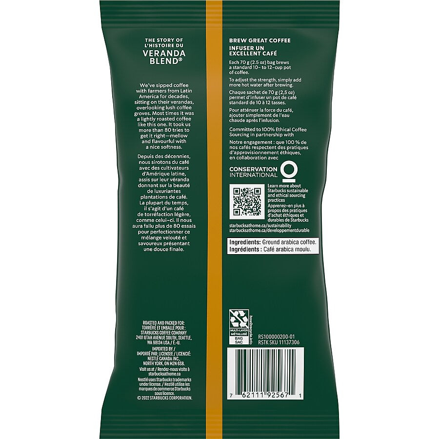 Starbucks Veranda Blend Ground Coffee, Blonde Roast, 2.5 oz., 18/Box