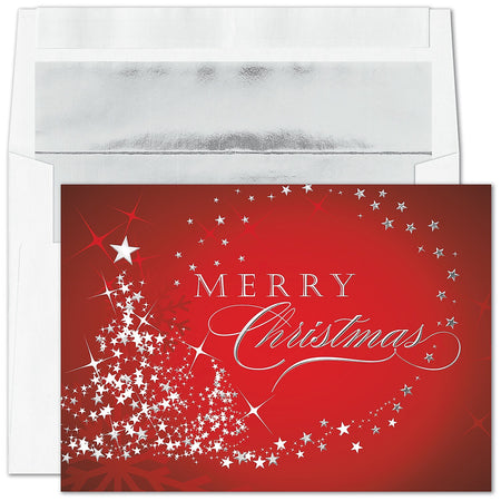 "Starry Tree Merry Christmas" Holiday Card w/Silver Lined White Envelope, 100/BX