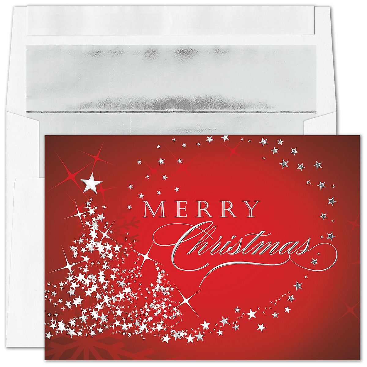 "Starry Tree Merry Christmas" Holiday Card w/Silver Lined White Envelope, 250/BX