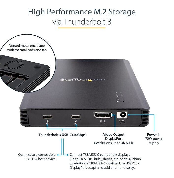 StarTech 4 Bay Thunderbolt 3 NVMe External Enclosure, For M.2 NVMe SSD Drives, 1x DP Video/ 2x TB3 Ports, 40Gbps
