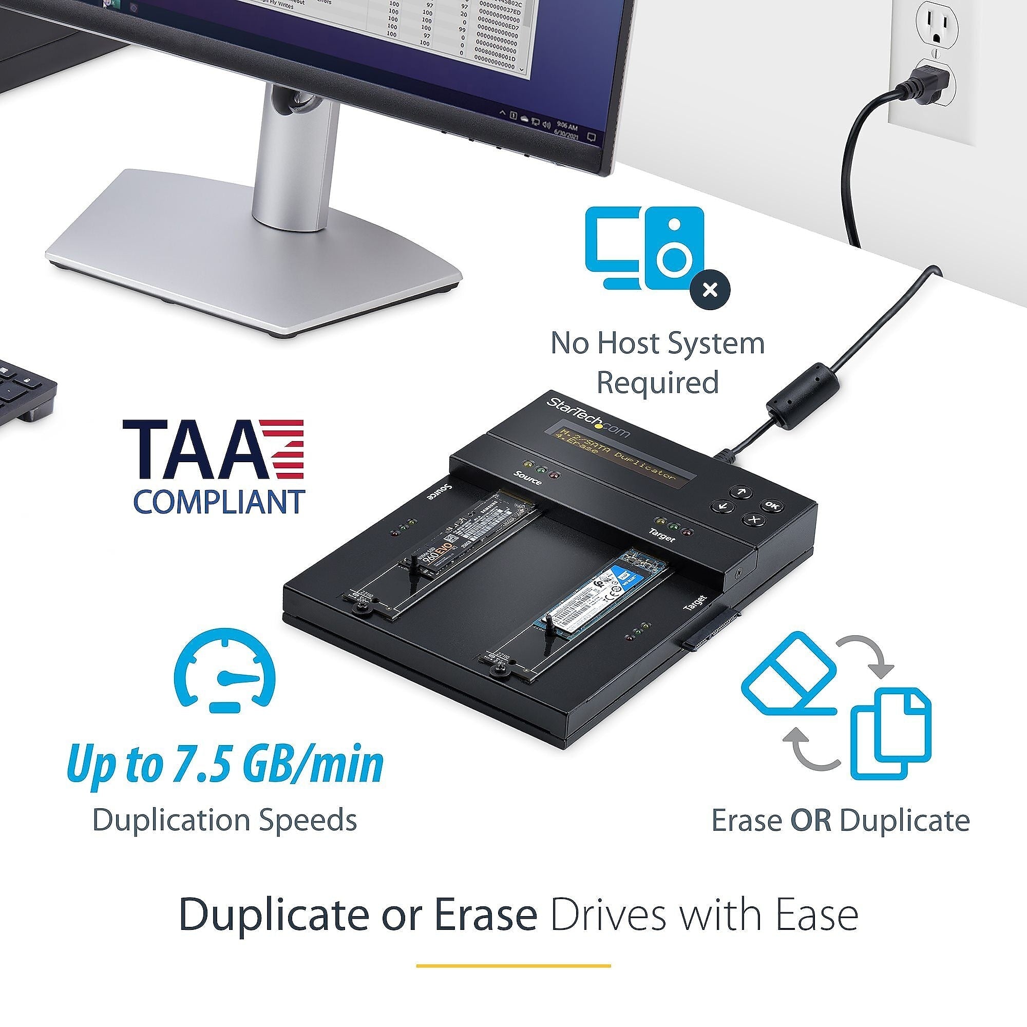 StarTech.com Standalone 1:1 M.2 NVMe/SATA/AHCI/2.5/3.5in SATA Drive Duplicator/Eraser, HDD/SSD Wiper/Cloner