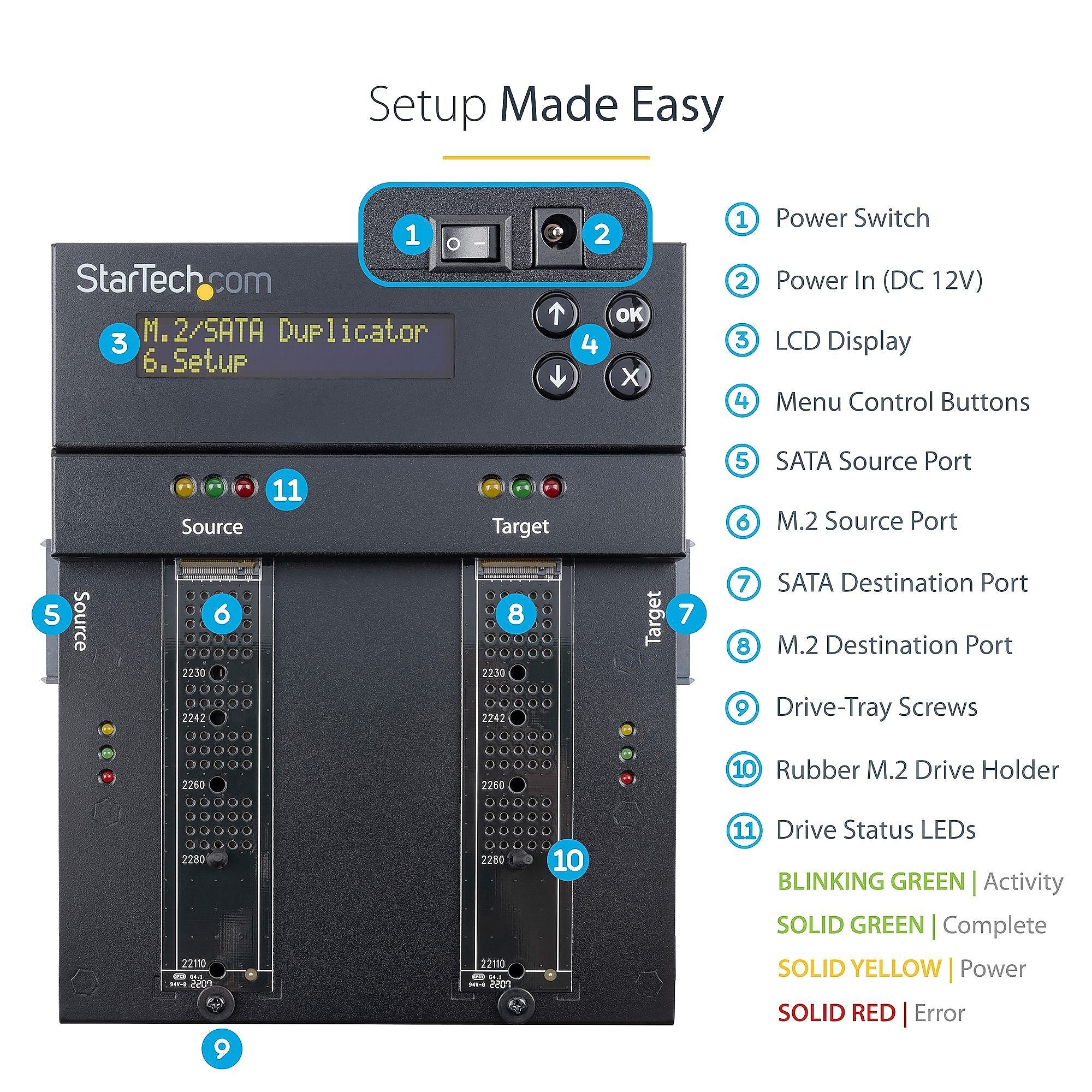 StarTech.com Standalone 1:1 M.2 NVMe/SATA/AHCI/2.5/3.5in SATA Drive Duplicator/Eraser, HDD/SSD Wiper/Cloner
