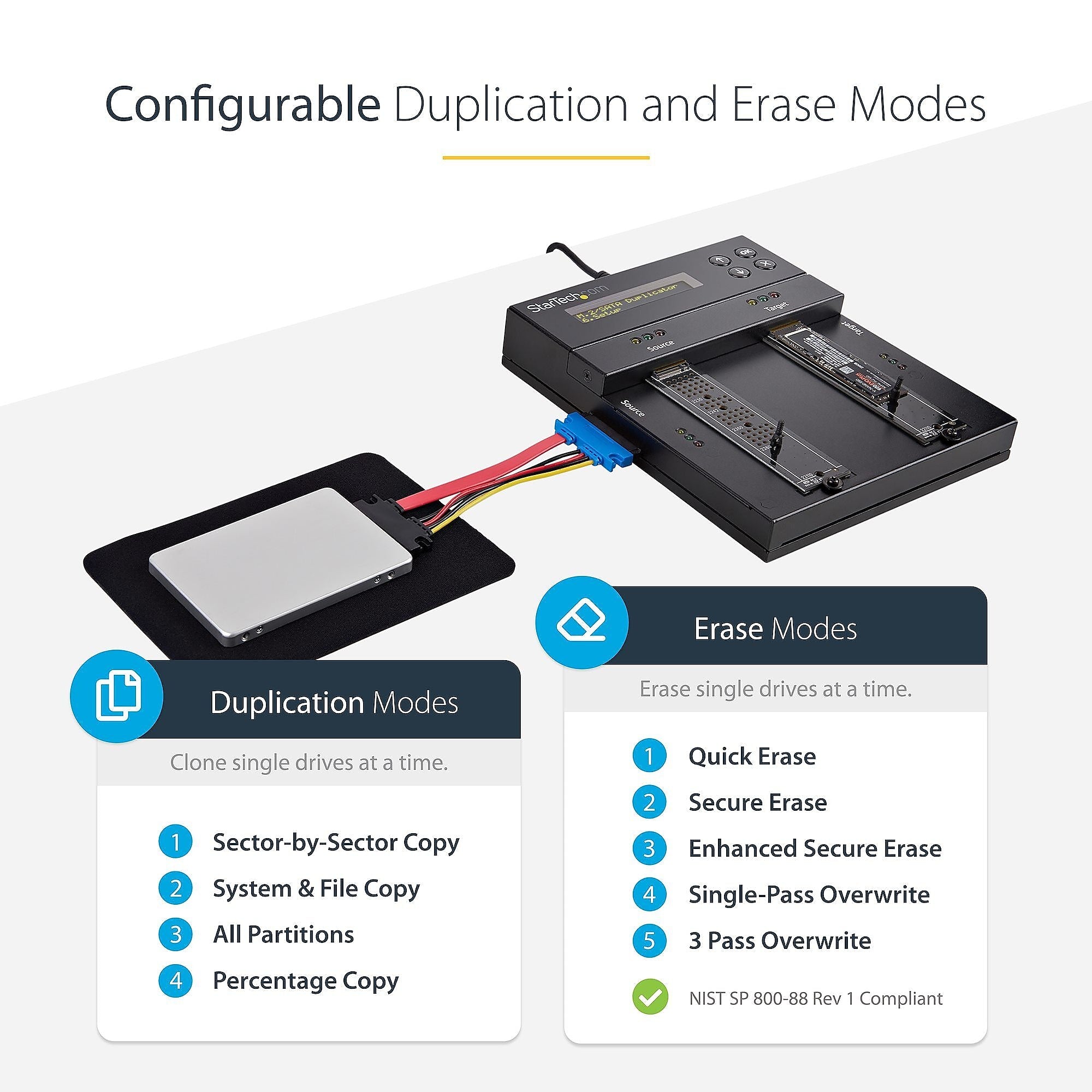 StarTech.com Standalone 1:1 M.2 NVMe/SATA/AHCI/2.5/3.5in SATA Drive Duplicator/Eraser, HDD/SSD Wiper/Cloner
