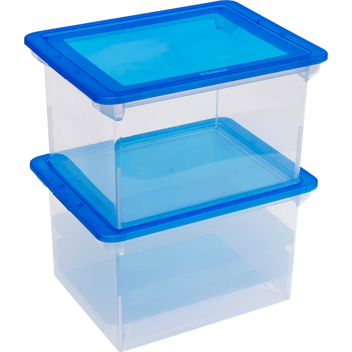 Storex File Storage Box with Snap-On Lid, Letter/Legal Size, Clear/Blue