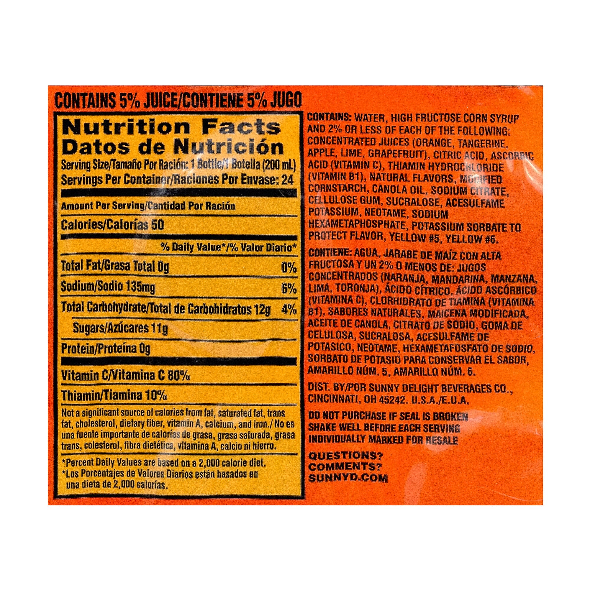 Sunny Delight Tangy Original Orange Flavored Citrus Punch, 6.75 oz., 24/Pack