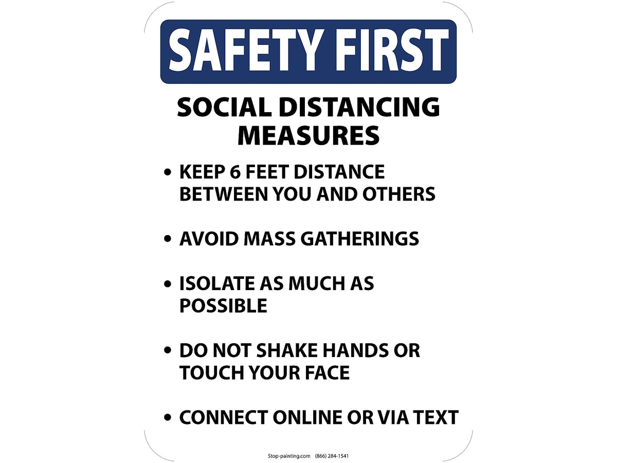 Superior Mark® Adhesive Wall Sign, "Safety First Social Distancing Measures", 10" x 14", Blue/White