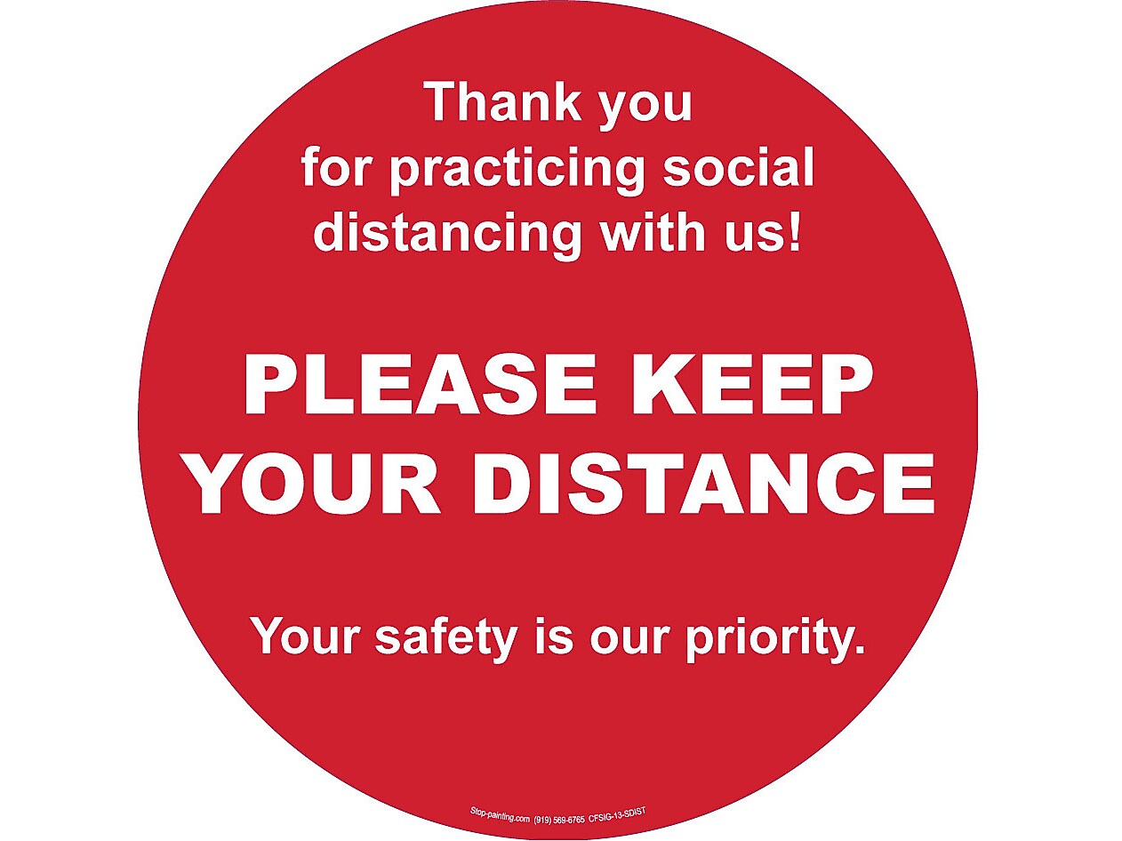 Superior Mark® Floor Decal, "Please Keep Your Distance", 17.5" Rubber, Red/White