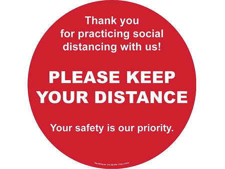 Superior Mark® Floor Decal, "Please Keep Your Distance", 17.5" Rubber, Red/White