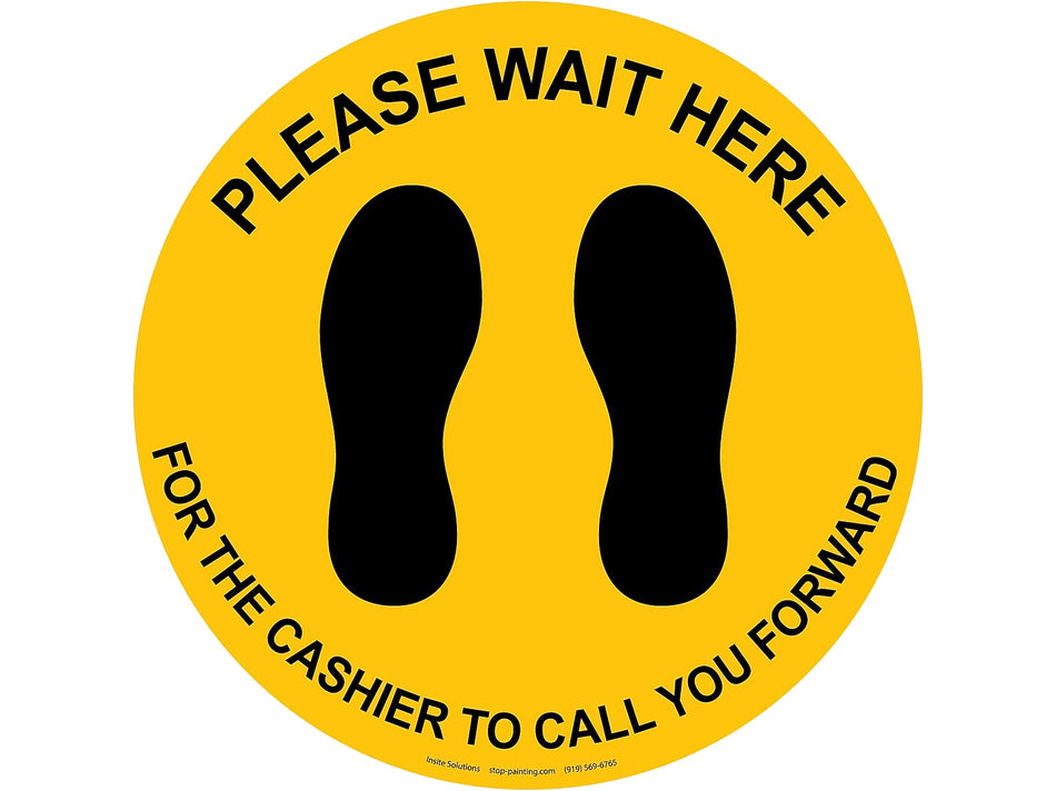 Superior Mark® Floor Decal, "Please Wait Here for the Cashier to Call You Forward", 17.5" Vinyl, Yellow/Black