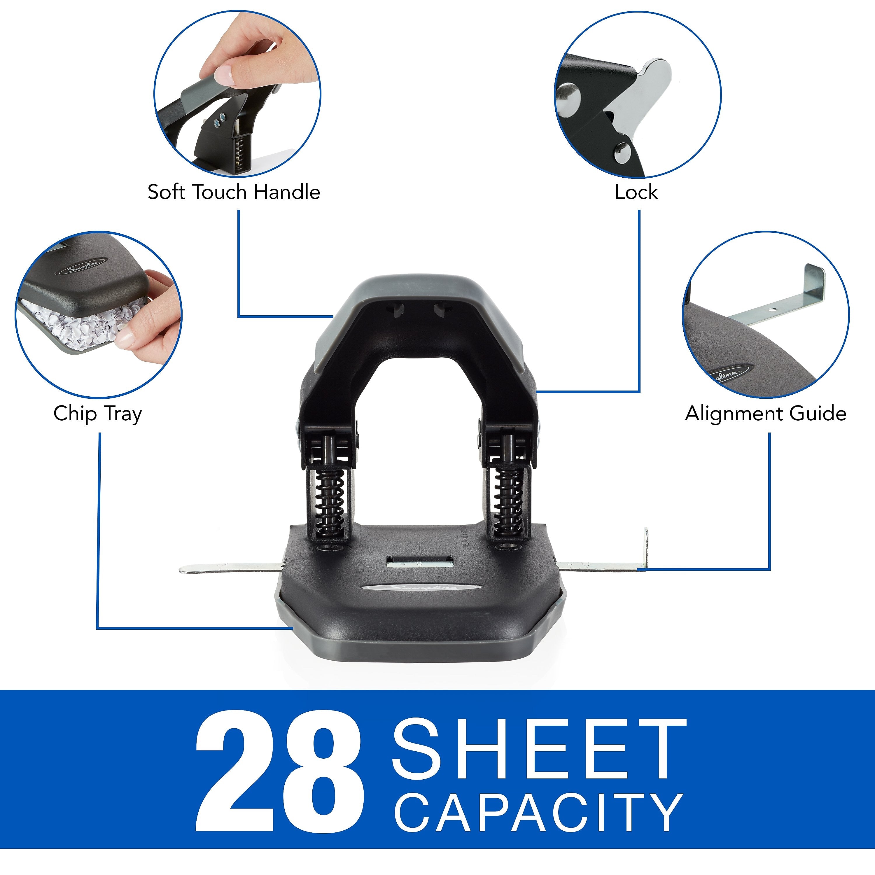 Swingline Comfort Handle Desktop 2-Hole Punch, 28 Sheet Capacity, Black/Gray