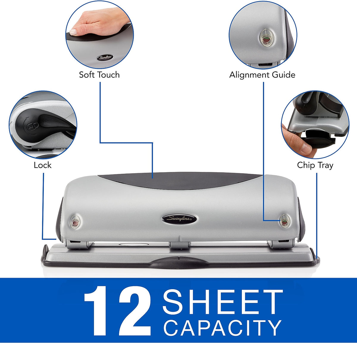 Swingline EasyView Desktop 3-Hole Punch, 12 Sheet Capacity, Silver/Black