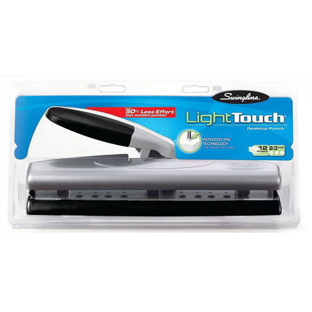 Swingline LightTouch Desktop Adjustable Hole Punch, 12 Sheet Capacity, Black/Silver