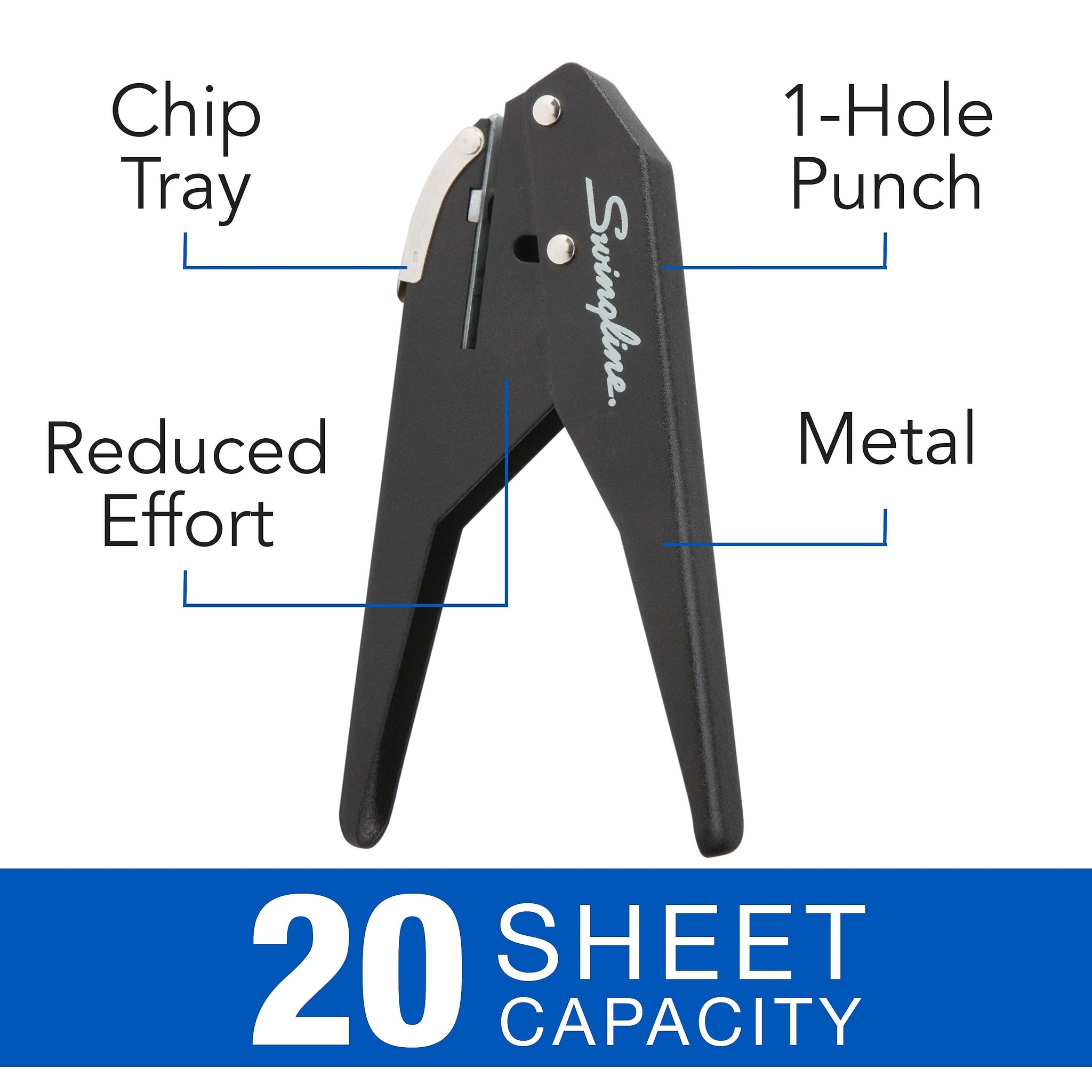Swingline Low Force Handheld Hole Punch, 20 Sheet Capacity, Black