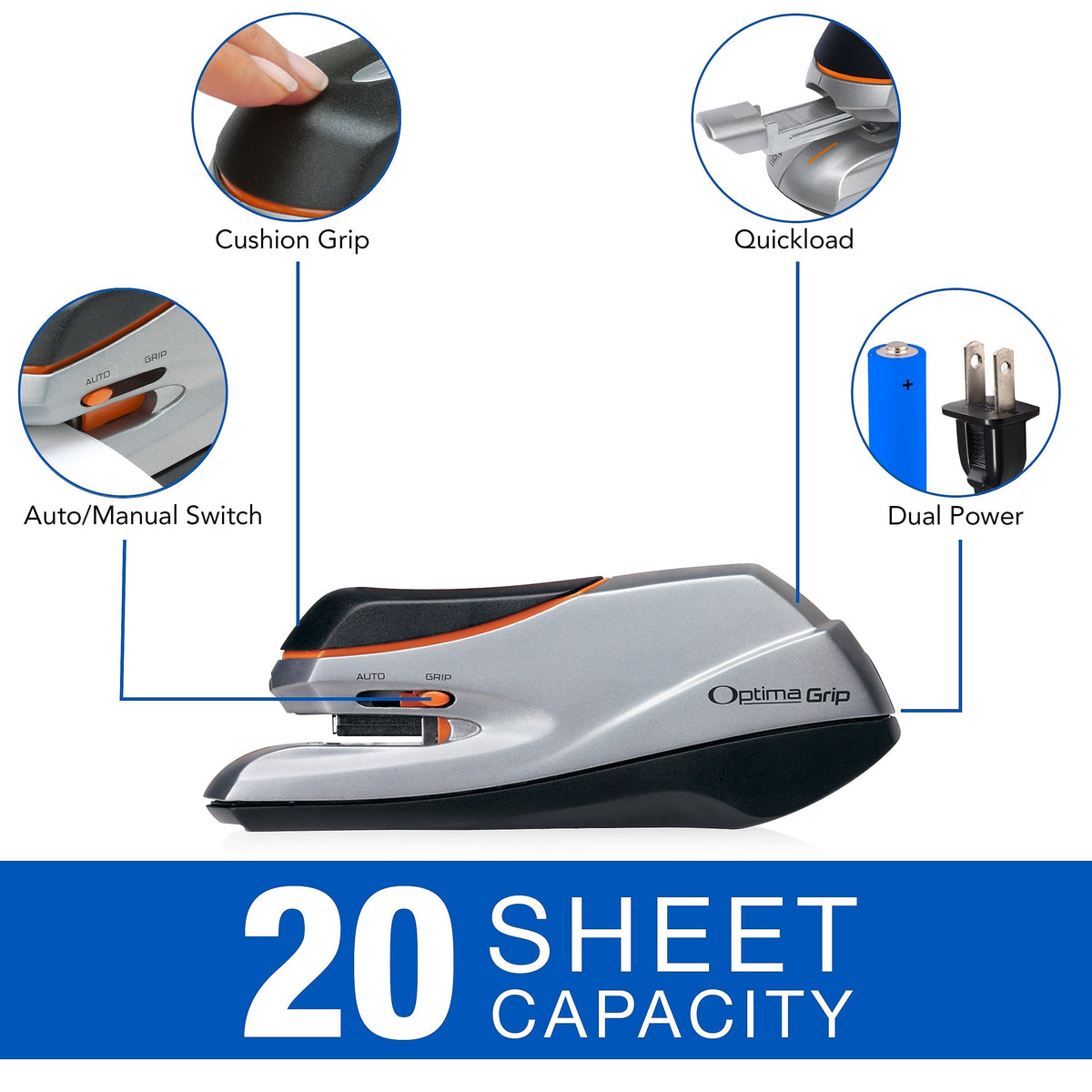 Swingline Optima 20 Electric Handheld Stapler, 20-Sheet Capacity, Staples Included, Gray/Silver