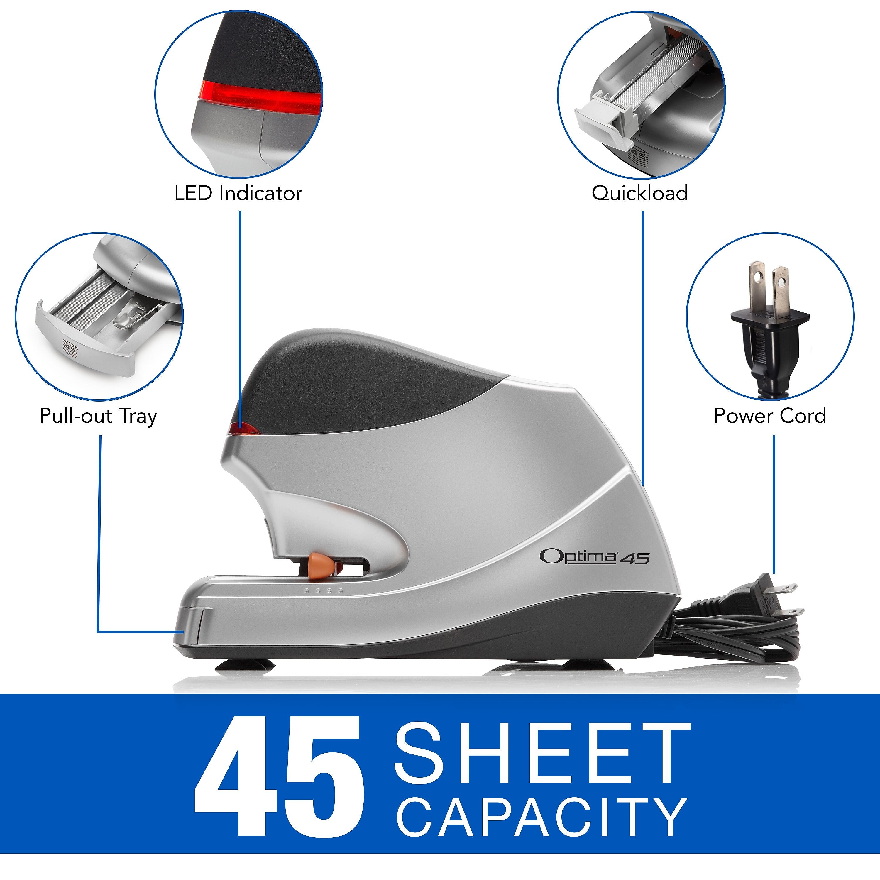 Swingline Optima Electric Desktop Stapler, 45-Sheet Capacity, Staples Included, Gray/Silver /Pack