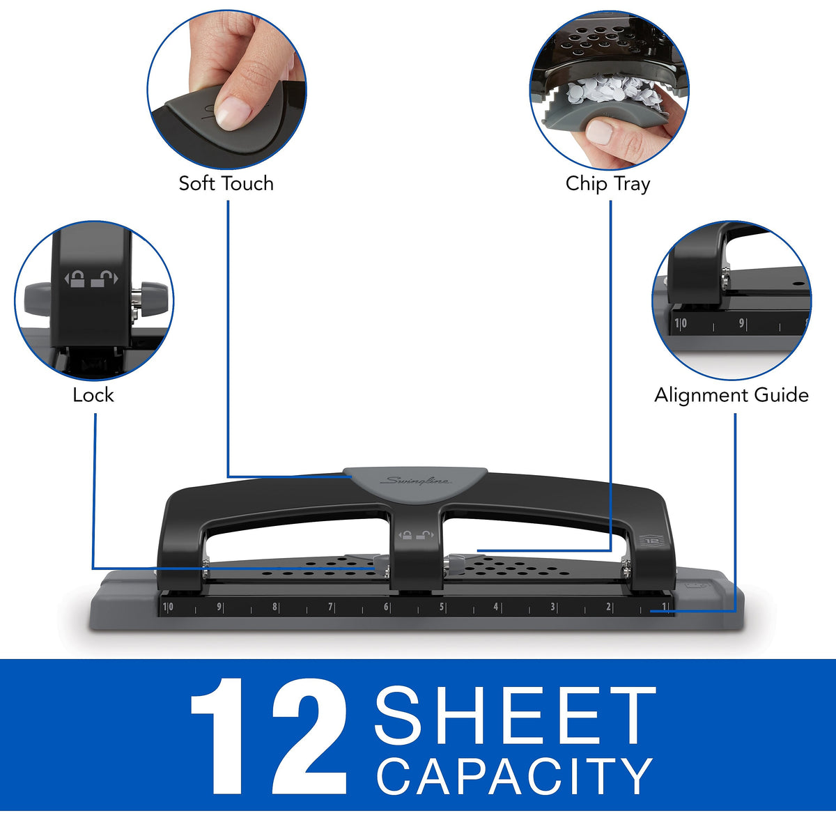 Swingline SmartTouch Low Force Desktop 3-Hole Punch, 12 Sheet Capacity, Black/Gray