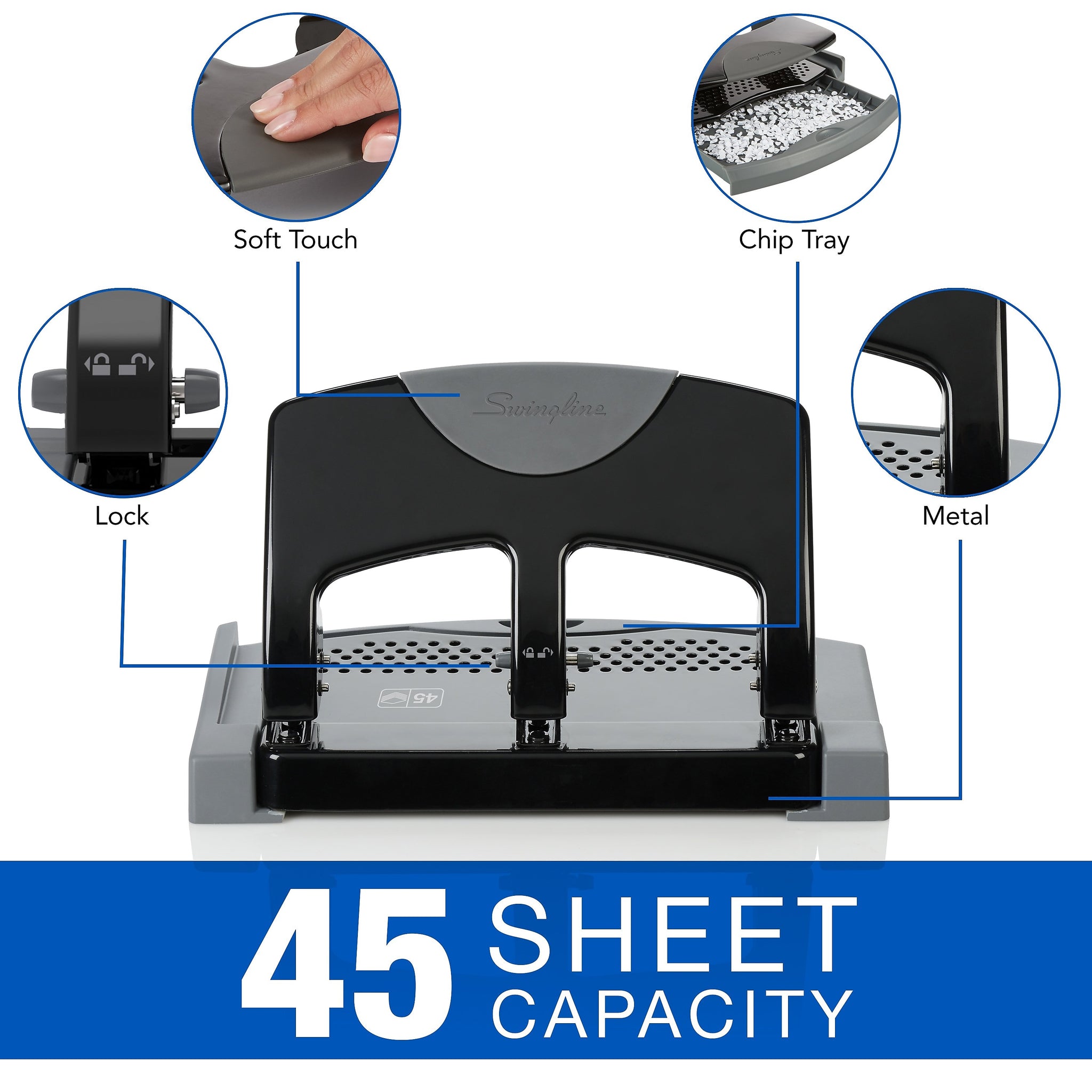 Swingline SmartTouch Low Force Desktop 3-Hole Punch, 45 Sheet Capacity, Black/Gray