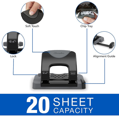 Swingline SmartTouch Low Force Handheld 2-Hole Punch, 20 Sheet Capacity, Black/Gray