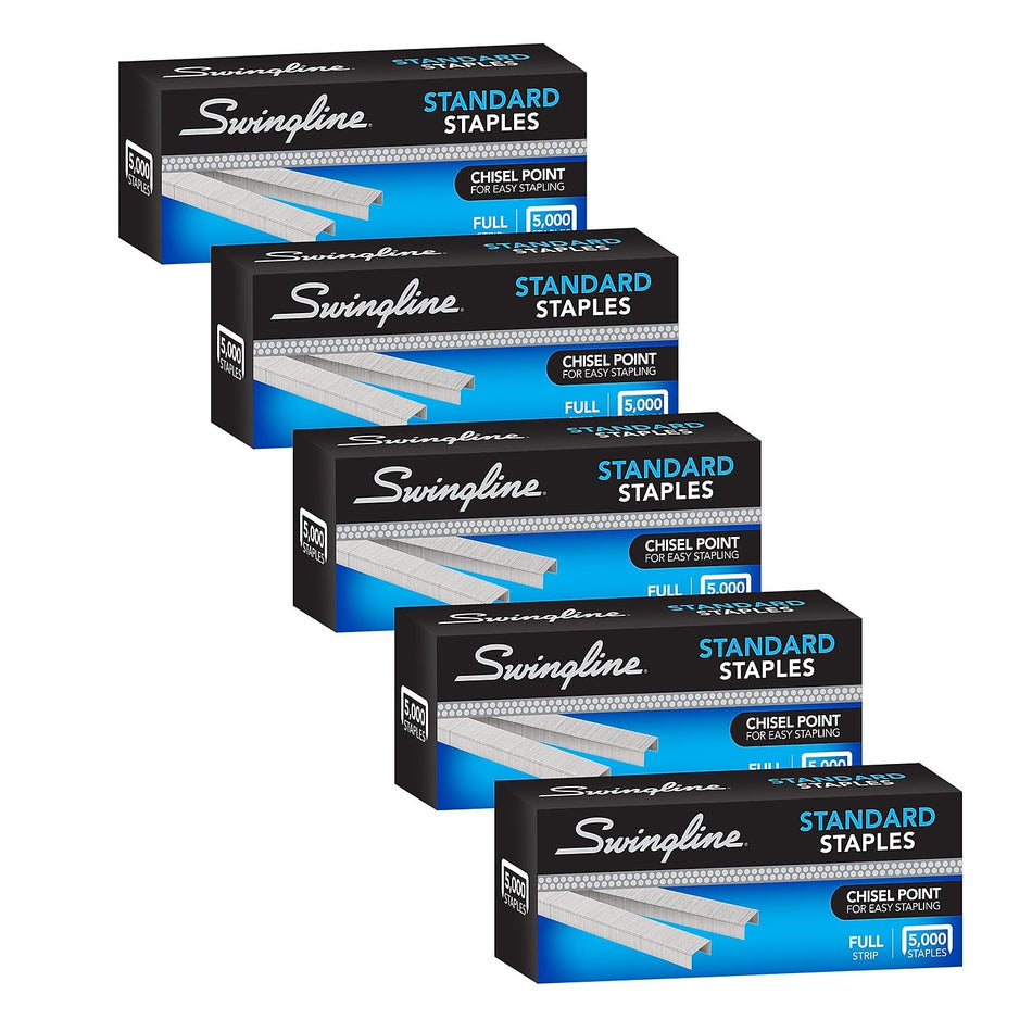 Swingline Standard 1/4" Length Standard Staples, Full Strip, 5000/Box, 5 Boxes